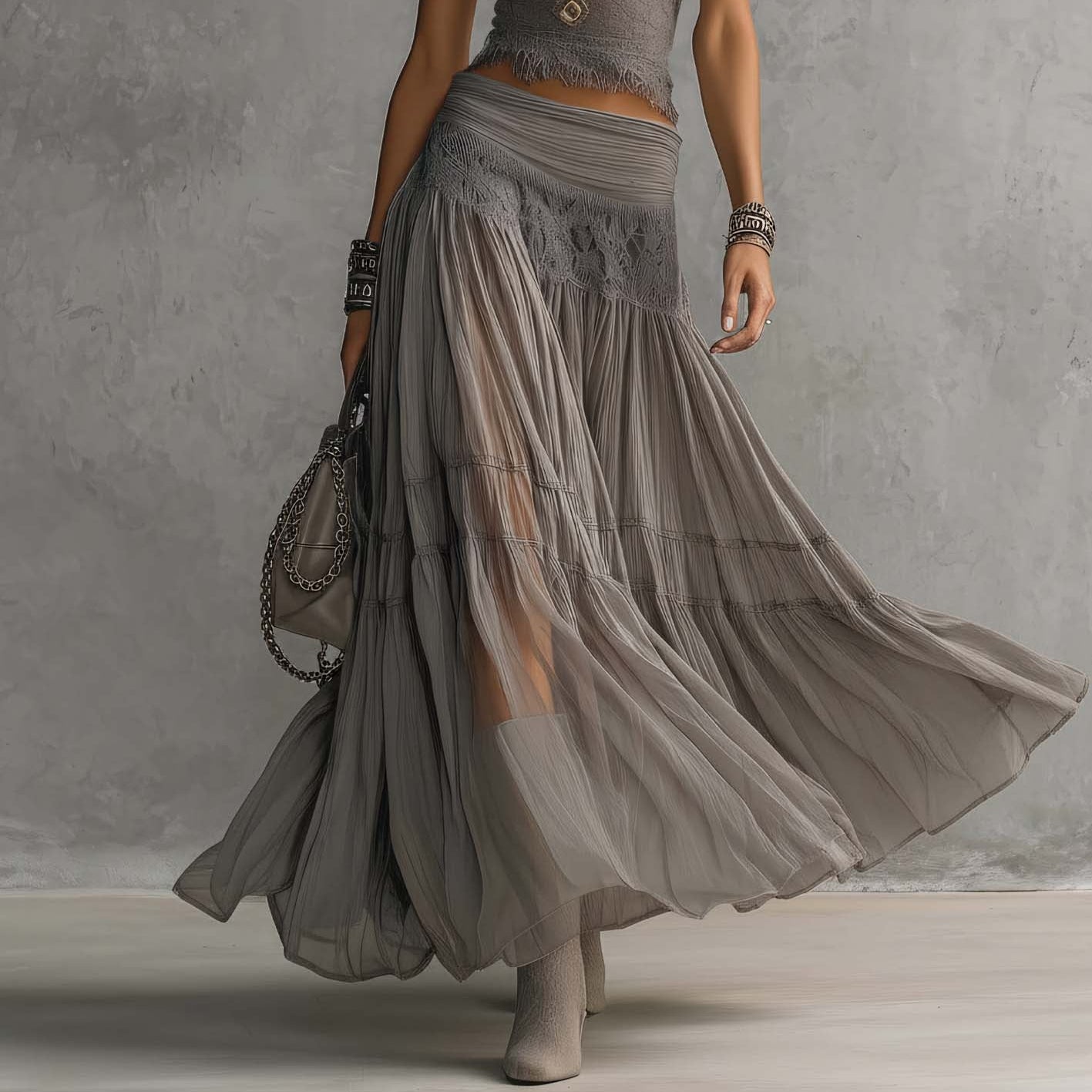 Elena Lace-Paneled Top and Pleated Maxi Skirt Set