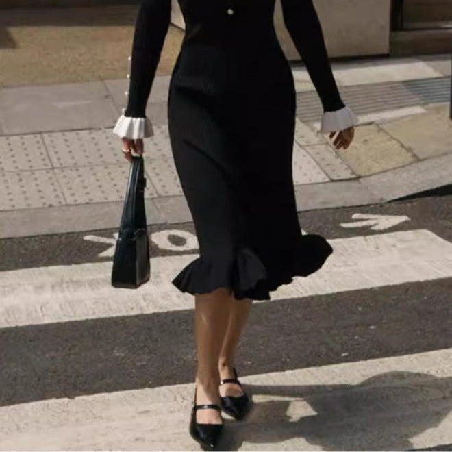 Women's Ruffled Long Sleeve Knitted Midi Dress - Elegant and Cozy