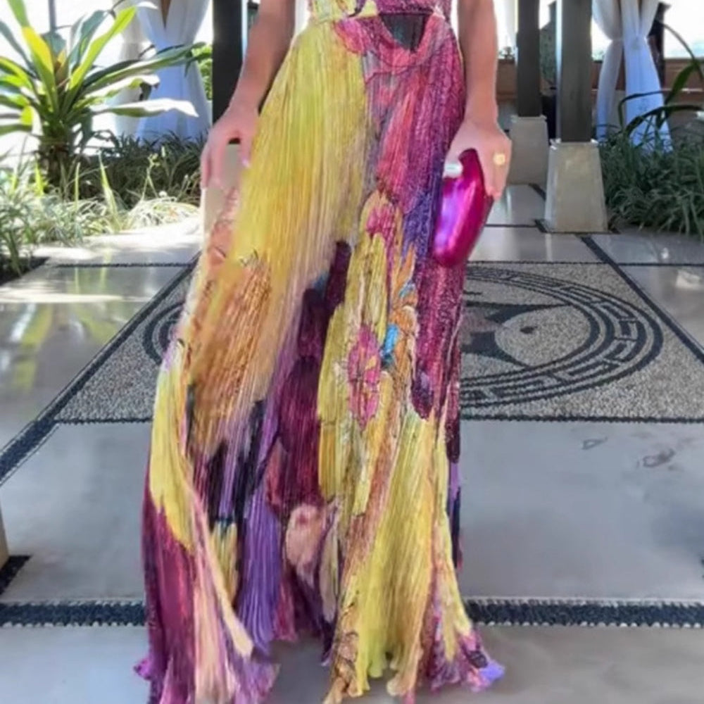 Women's Trendy Printed Strapless Pleated Long Dress