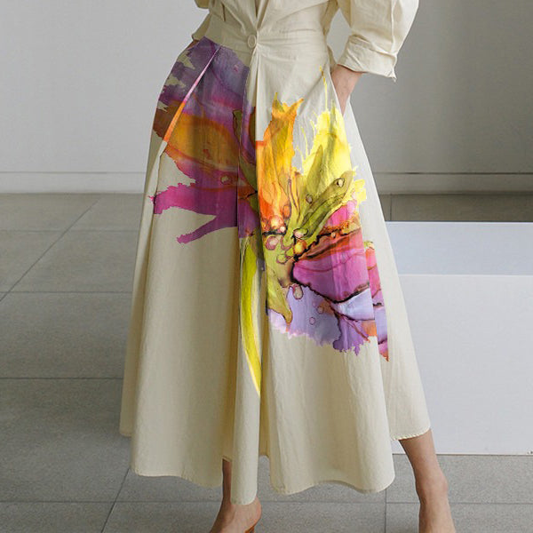 Women’s Long Sleeve Floral Print Midi Shirt Dress – Tie Waist Pleated Lapel Dress