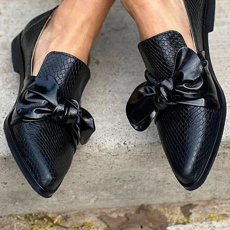 Women's Black Loafers with a Shiny Bow - Sleek & Elegant
