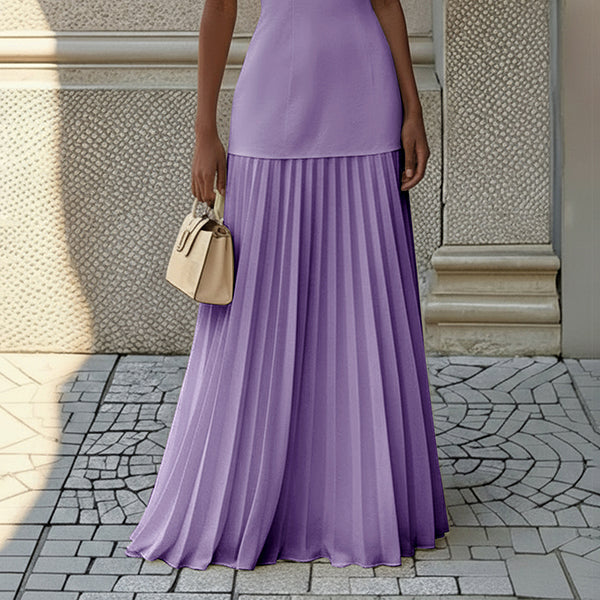 Women’s Sleeveless Pleated Maxi Dress – Elegant Boat Neck Flowing Evening Dress
