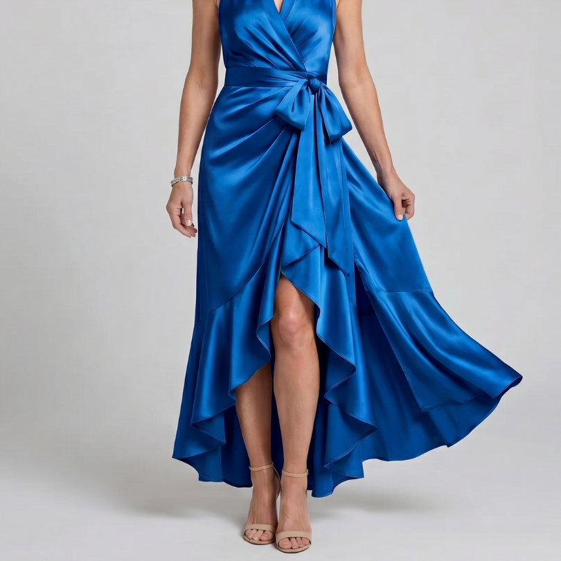 Honora | Halter Neck Wrap Asymmetric Hem Midi Dress
