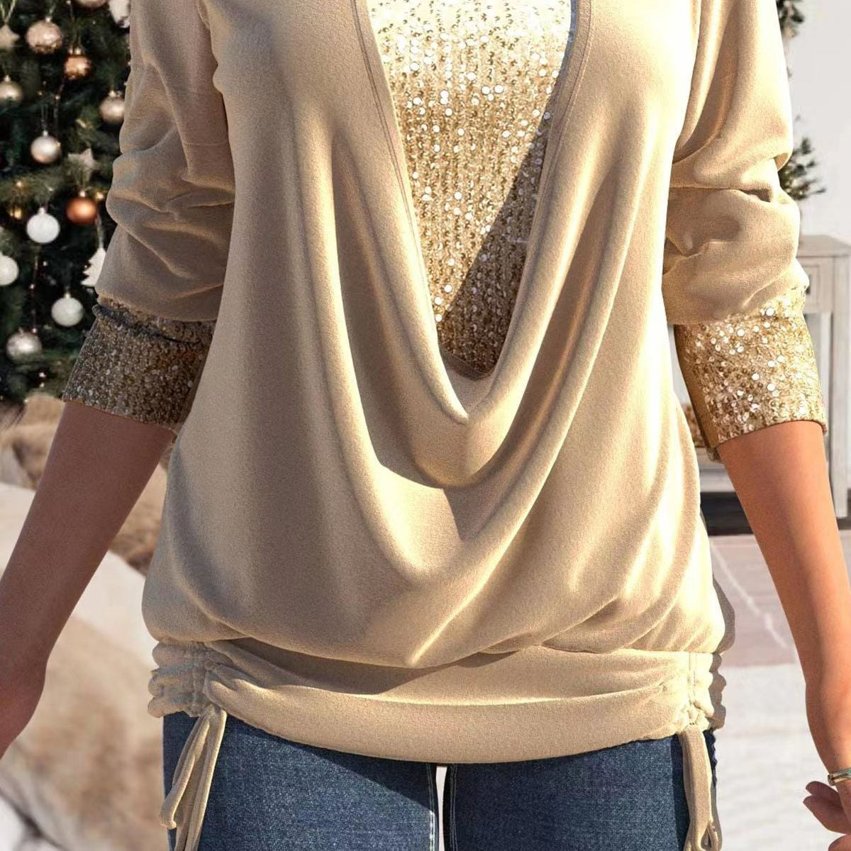 Elegant Sequin-Embellished Top with Flattering Draping
