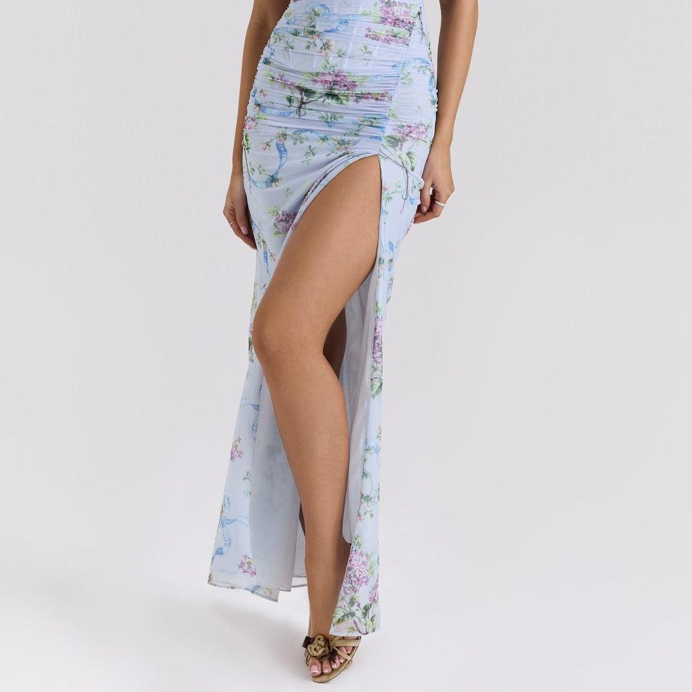 Women's Blue Loral Printed Mesh Maxi Dress for an Elegant and Trendy