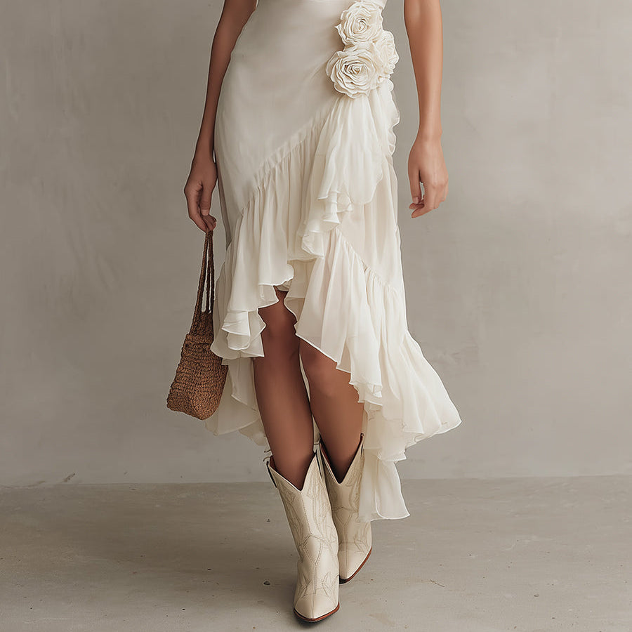 3D Floral-Embellished Draped-Neck Maxi Dress
