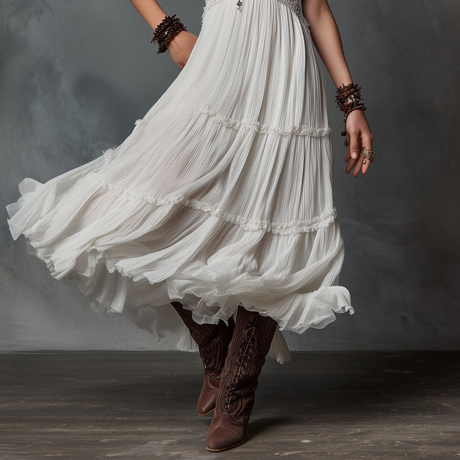 Women's Boho White Lace-Trim Pleated Midi Dress - Flowy, Romantic