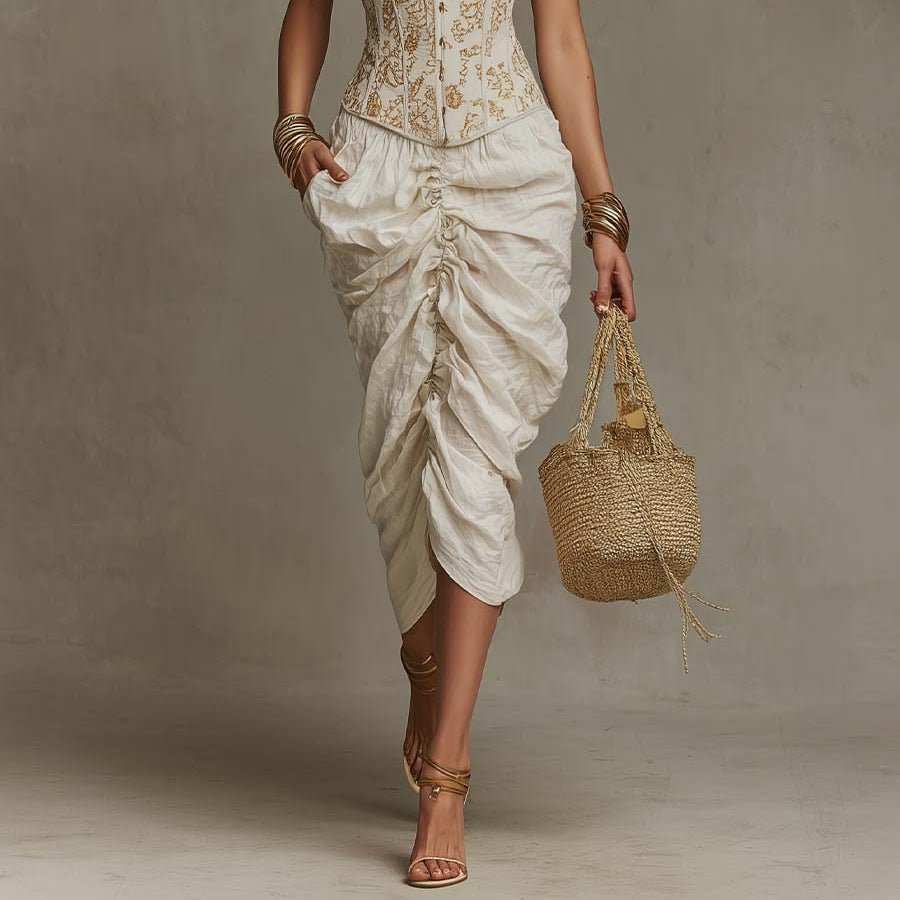 Women's Bohemian Halter Gold Lace Corset with Ruched Midi Dress