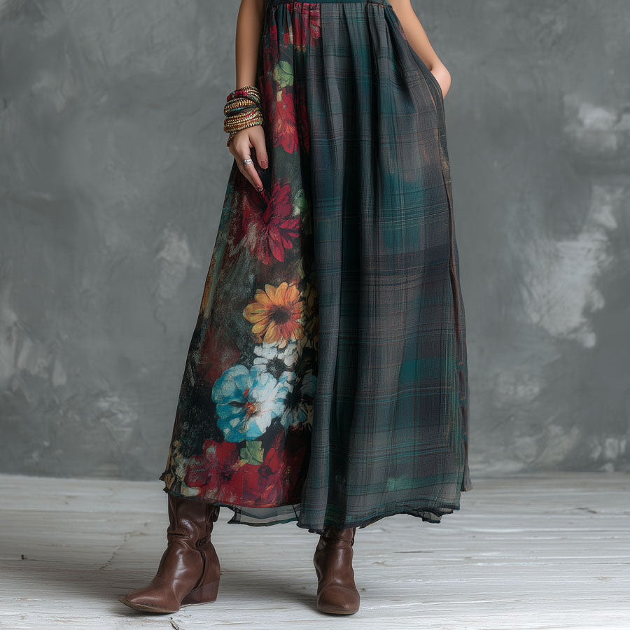 Women's Boho Midnight Meadow Patchwork Floral Maxi Dress — Flowing