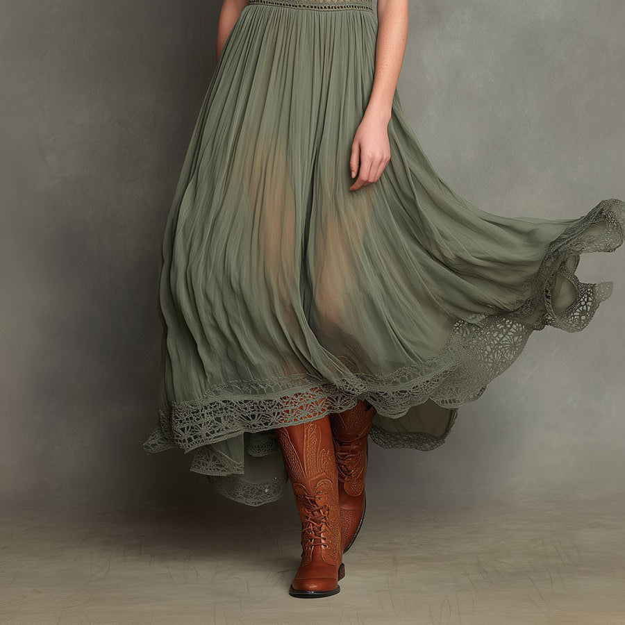 Women's Graceful Sage Green High-Neck Lace Maxi Dress with Pleated