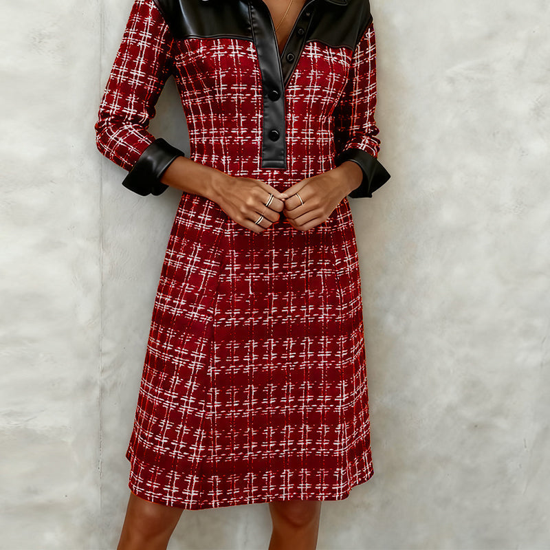 Chic Patchwork & Houndstooth Long-Sleeve Dress - Black
