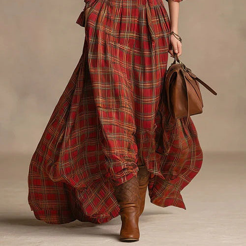 Women's Long plaid shirt maxi dress with long sleeves and buttons,