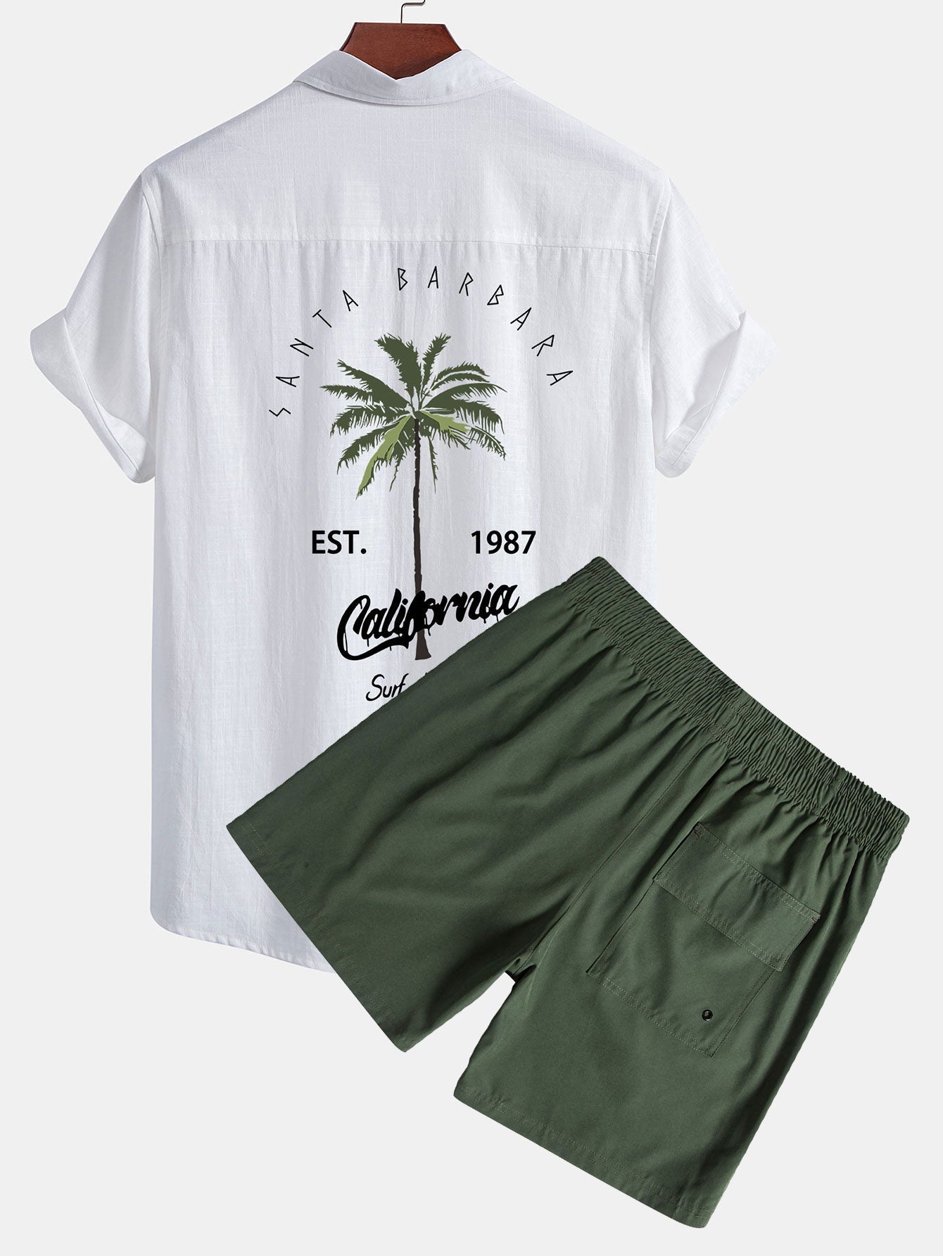 California Palm Tree Print Linen-Look Cotton Button-Up Shirt & Swim Shorts Set