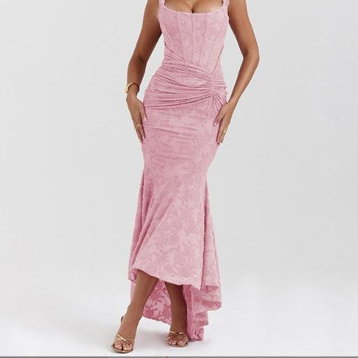 Women's Light Pink Floral Maxi Dress with Bell Neckline