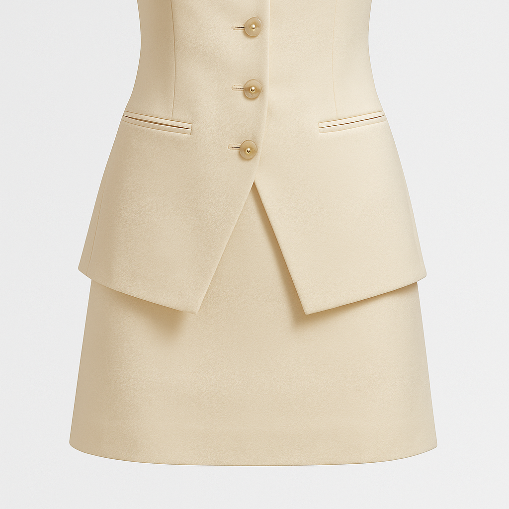Clara | Kort jakkesæt med gyldne knapper – firkantet elegance uden ærmer - Abrikos - Clara | Kort jakkesæt med gyldne knapper – firkantet elegance uden ærmer - €25 - {{ product_tags }