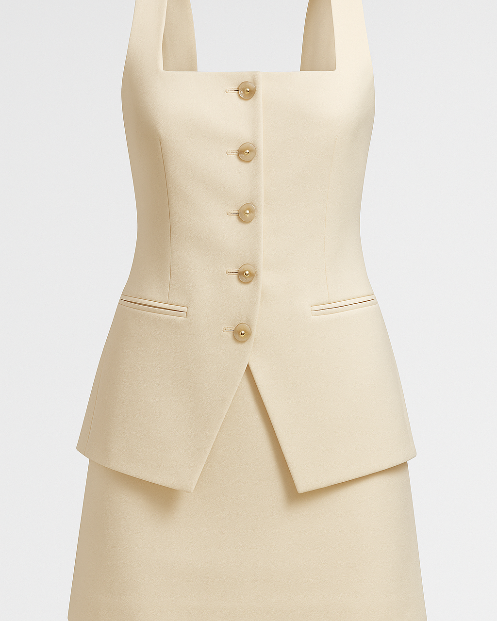 Clara | Kort jakkesæt med gyldne knapper – firkantet elegance uden ærmer - Abrikos - Clara | Kort jakkesæt med gyldne knapper – firkantet elegance uden ærmer - €25 - {{ product_tags }