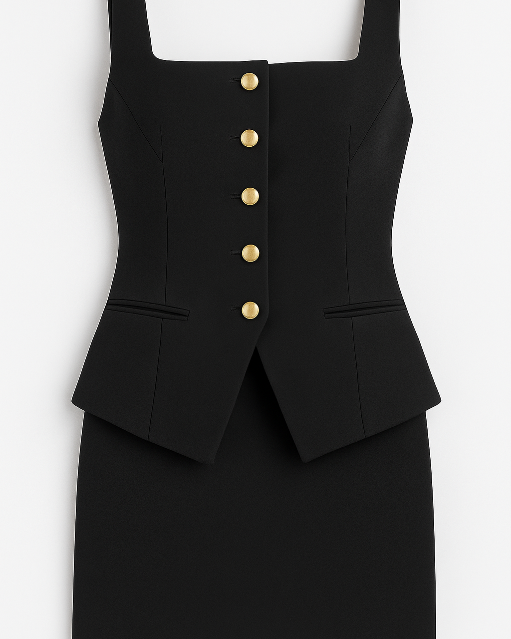 Clara | Kort jakkesæt med gyldne knapper – firkantet elegance uden ærmer - Sort - Clara | Kort jakkesæt med gyldne knapper – firkantet elegance uden ærmer - €25 - {{ product_tags }