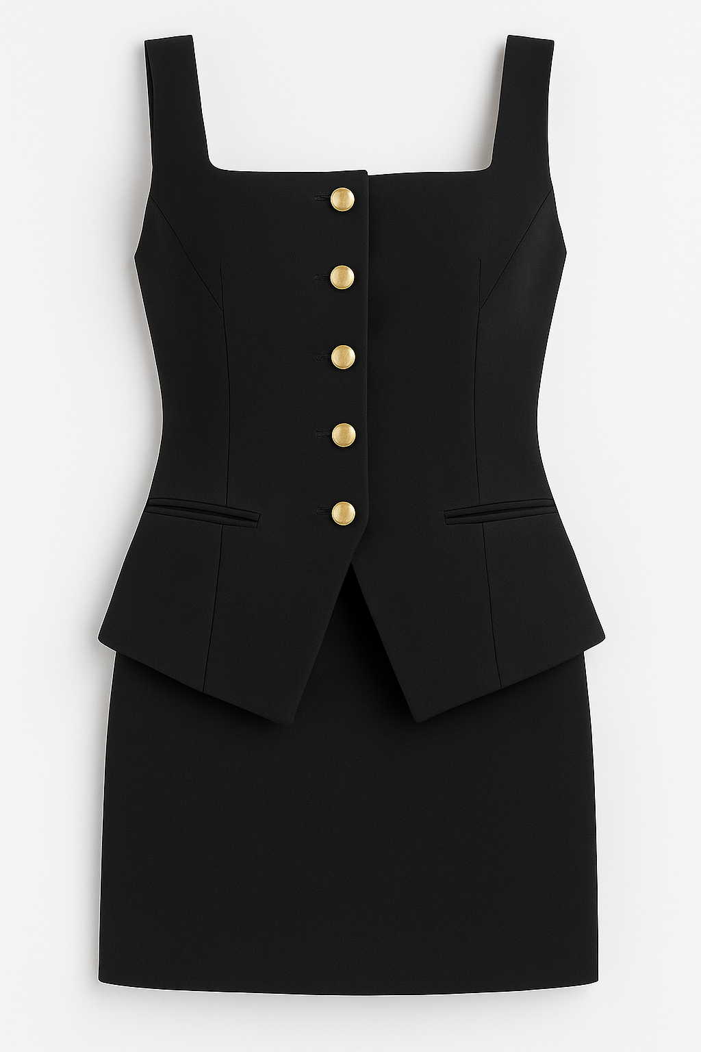 Clara | Kort jakkesæt med gyldne knapper – firkantet elegance uden ærmer - Sort - Clara | Kort jakkesæt med gyldne knapper – firkantet elegance uden ærmer - €25 - {{ product_tags }