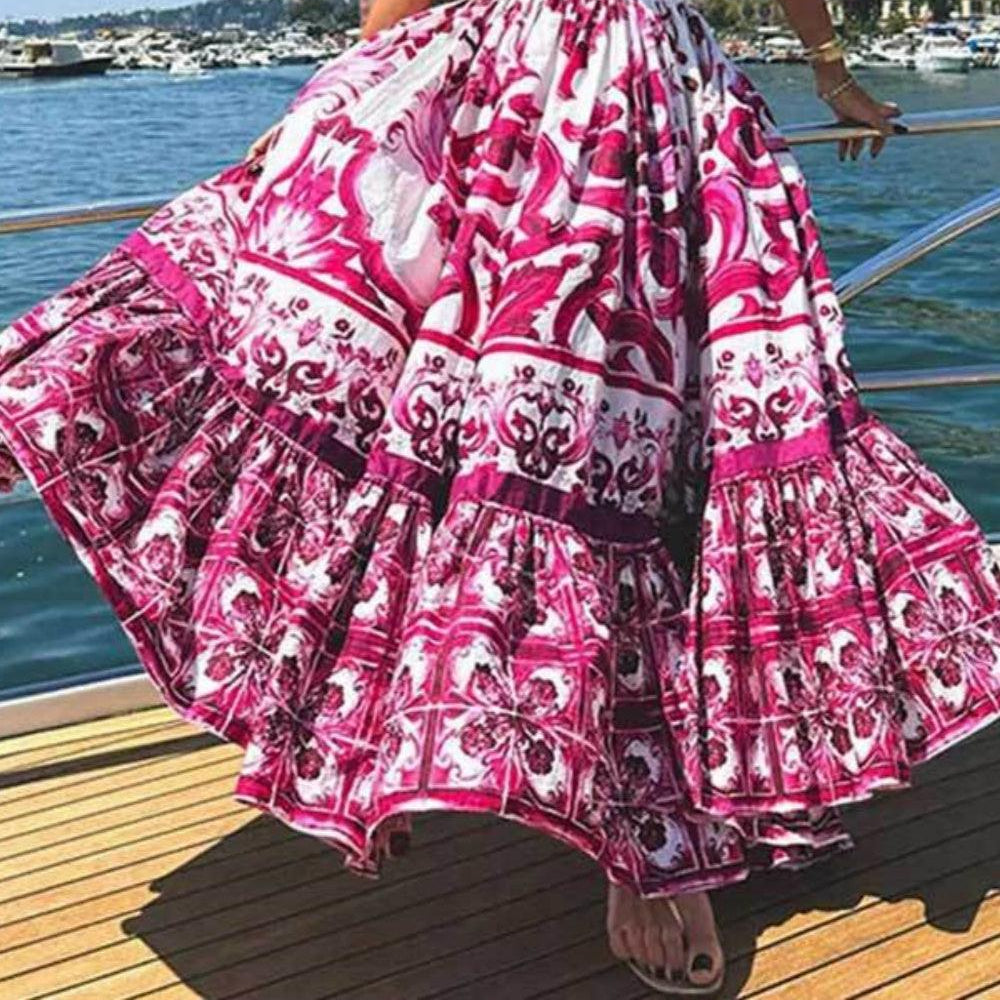 Women's Elegant Printed Pleated Maxi Spaghetti Strap Dress