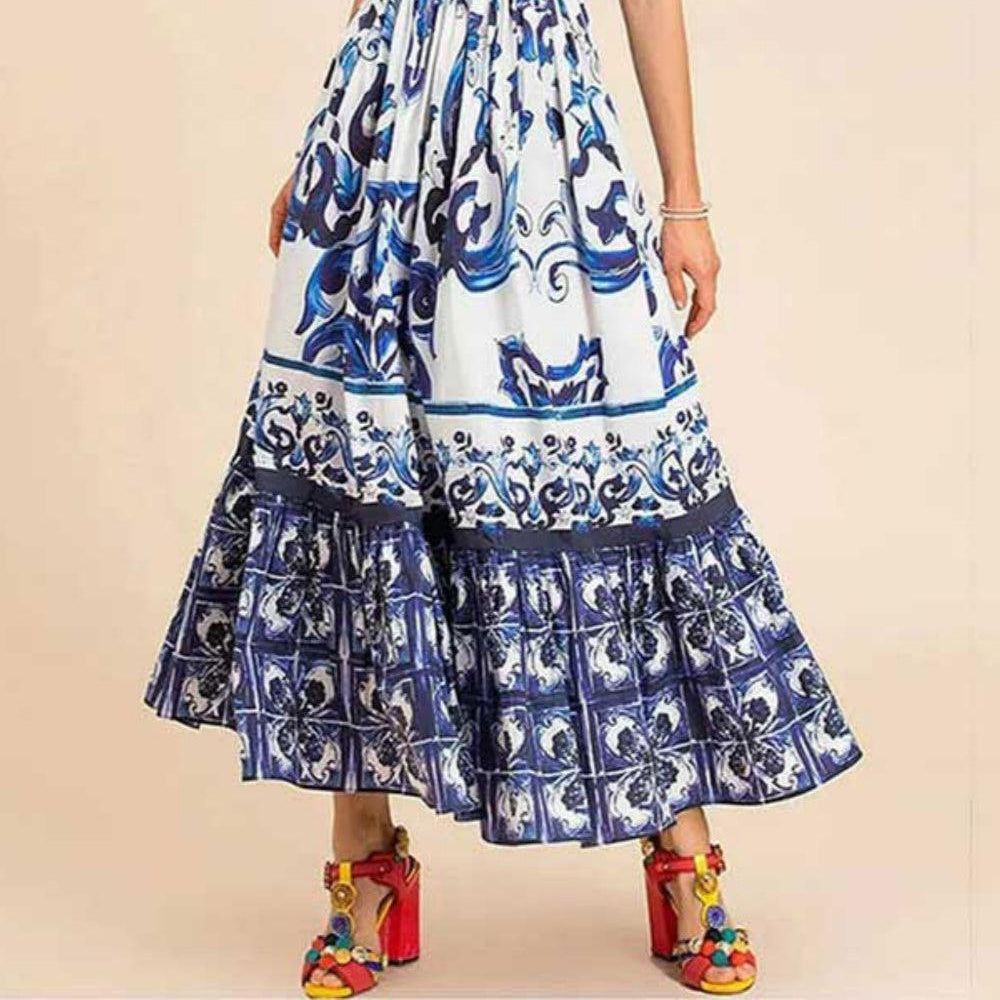 Women's Elegant Printed Pleated Maxi Spaghetti Strap Dress