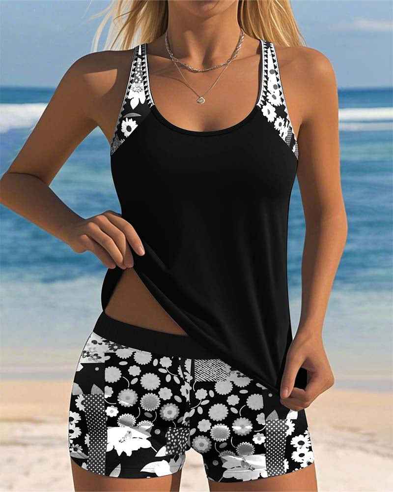 Colette | Schlanker Tanktop-Badeanzug mit einem bedruckten Boxer-Set