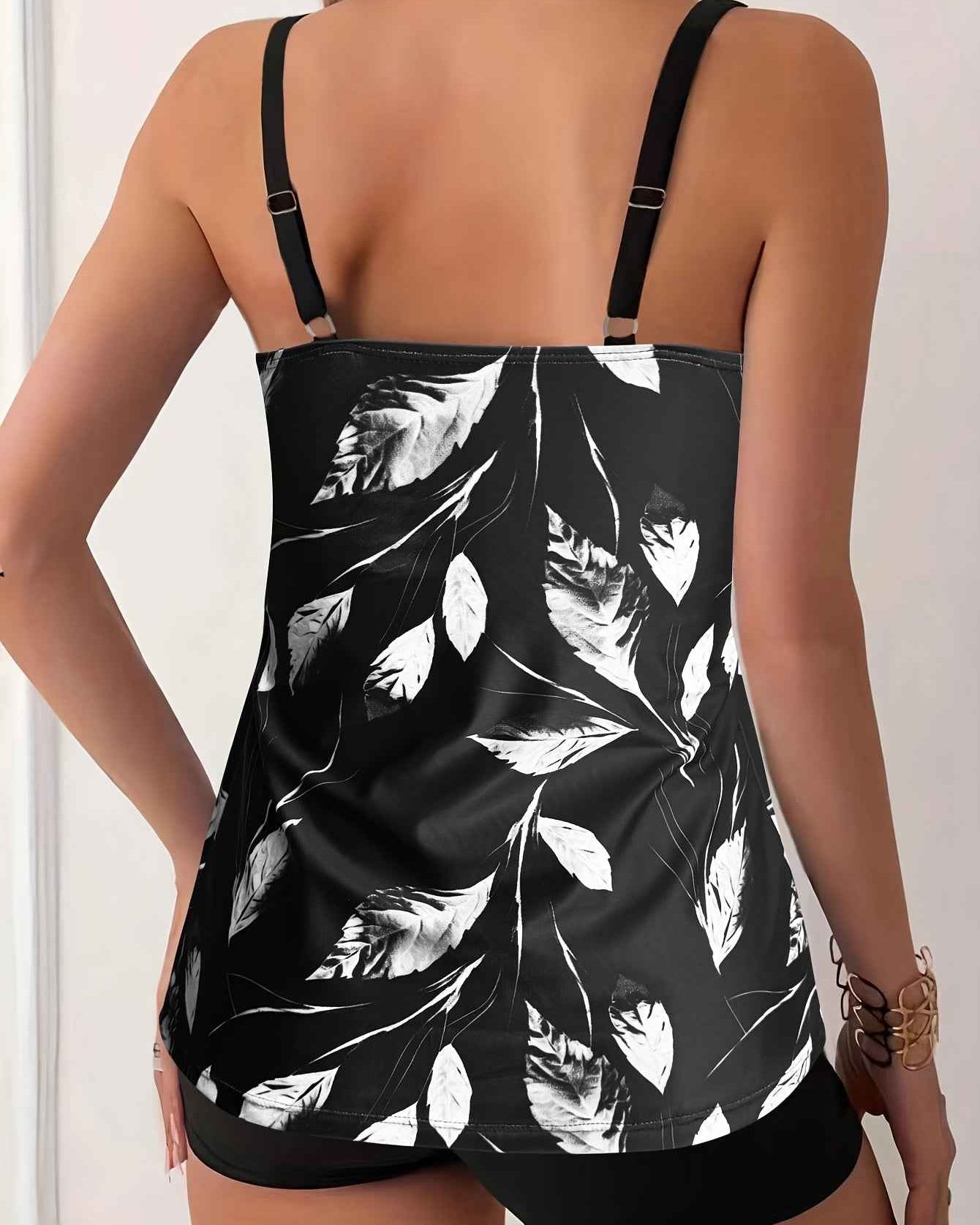 Elise | Elegantes Schwarz-Weiß-Blattmuster-Tankini-Set
