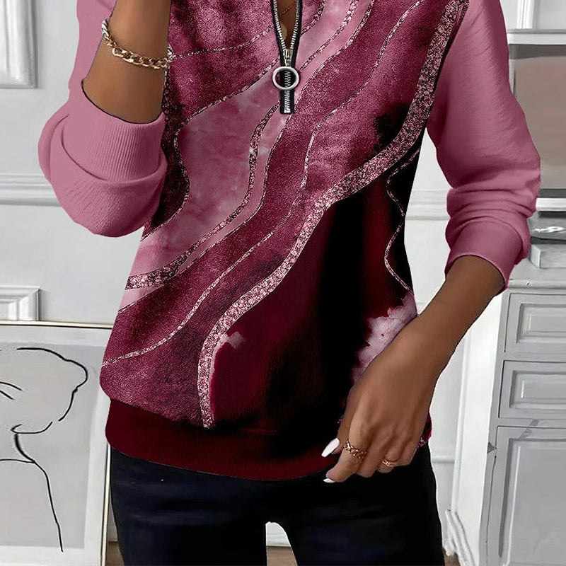 Women's Cozy Half-Zip Sweatshirt with Vintage Print