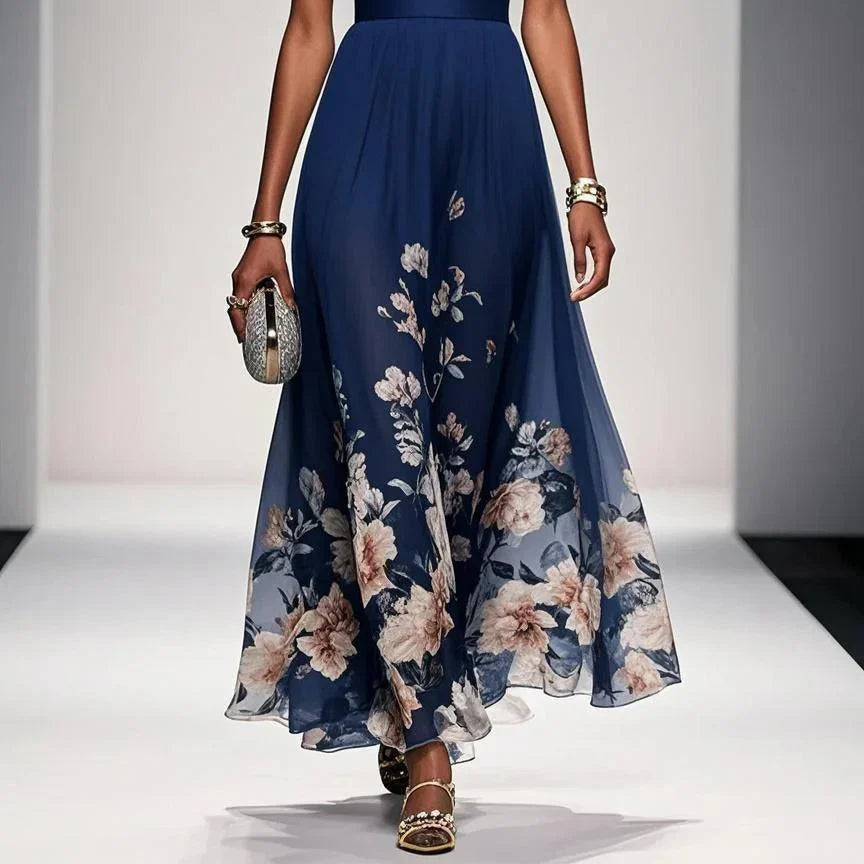 Elegant Light Blue Floral Chiffon V-Neck Sleeveless A-Line Long Dress