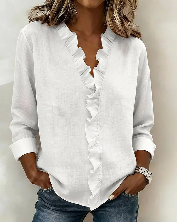 Charlotte: Elegant Ruffle Blouse with V-Neck and Long Sleeves