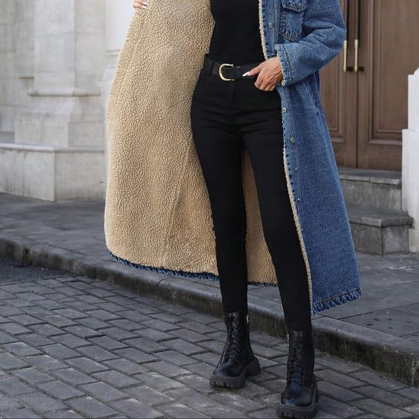 Long Fleece-Lined Winter Coat - Single-Breasted Design