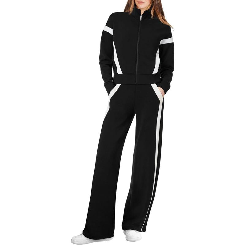 Women’s Zip-Up Sporty Sweatsuit with Flattering Wide-Leg Pants Set