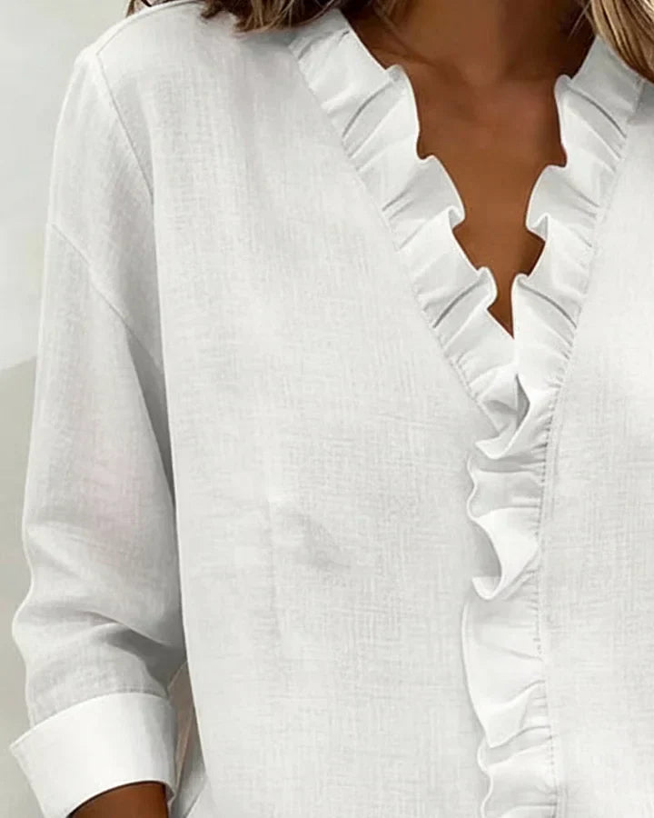 Charlotte: Elegant Ruffle Blouse with V-Neck and Long Sleeves