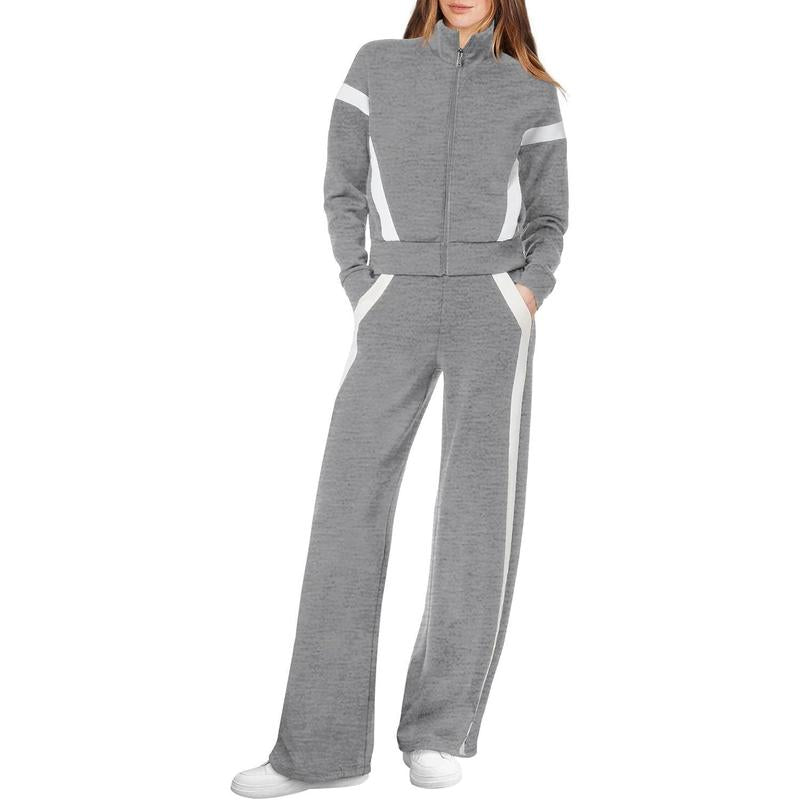 Women’s Zip-Up Sporty Sweatsuit with Flattering Wide-Leg Pants Set