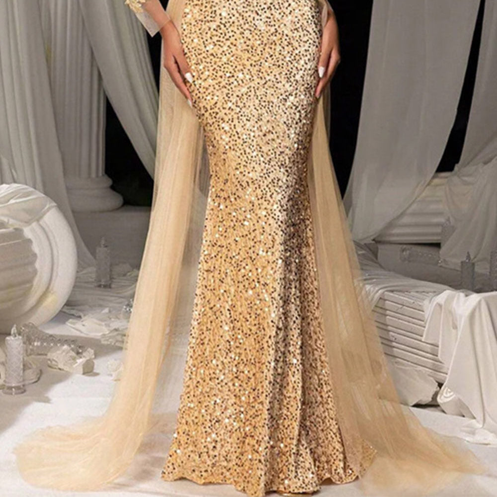 Women's Long evening gown in dark brown sequin lace