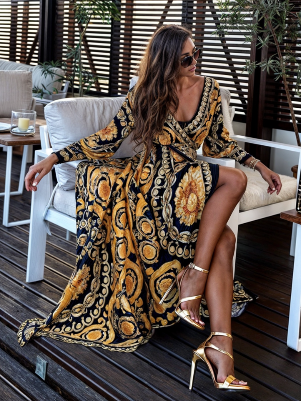 Bohemian Maxi Dress in Golden Print with a Bold High Slit