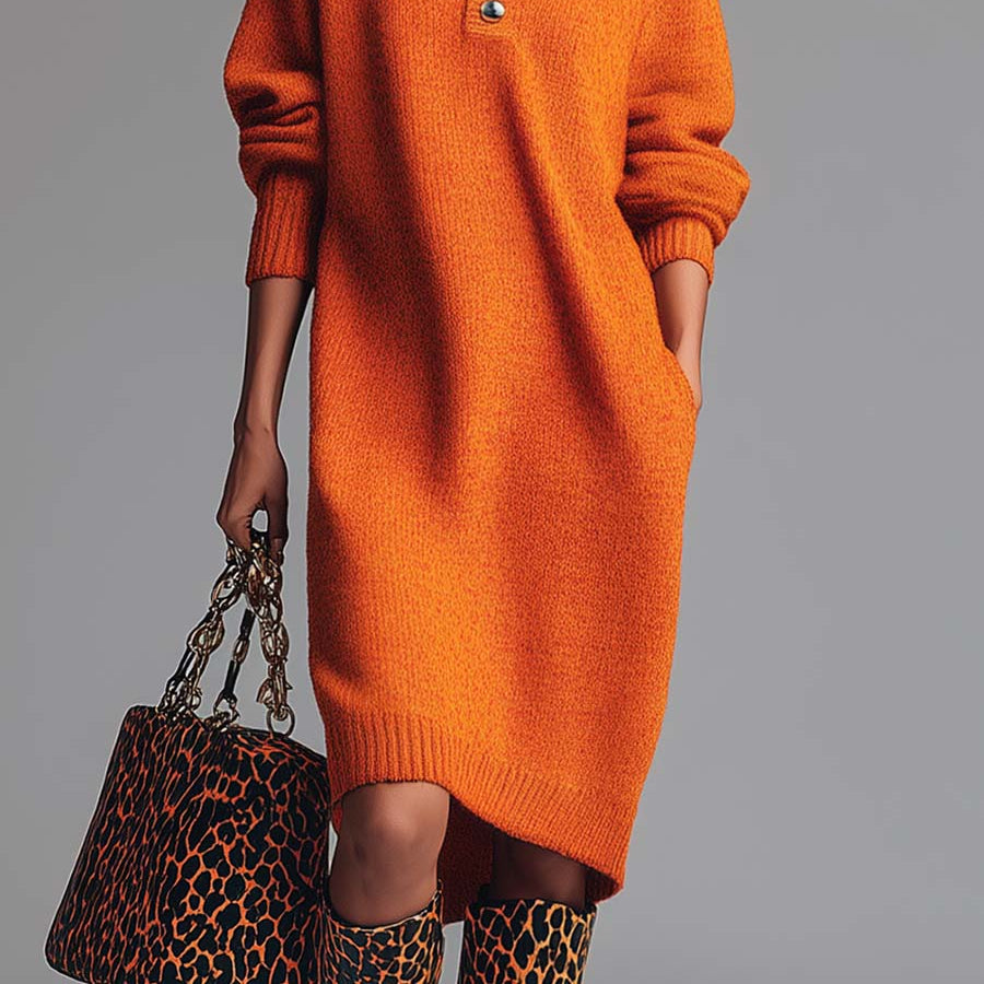 Women's Vibrant Orange Long Knitted Robe with Button Closure and