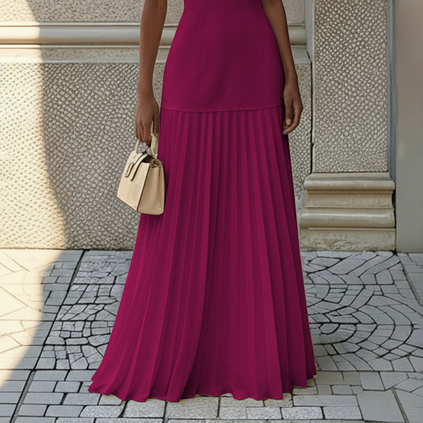 Women’s Sleeveless Pleated Maxi Dress – Elegant Boat Neck Flowing Evening Dress