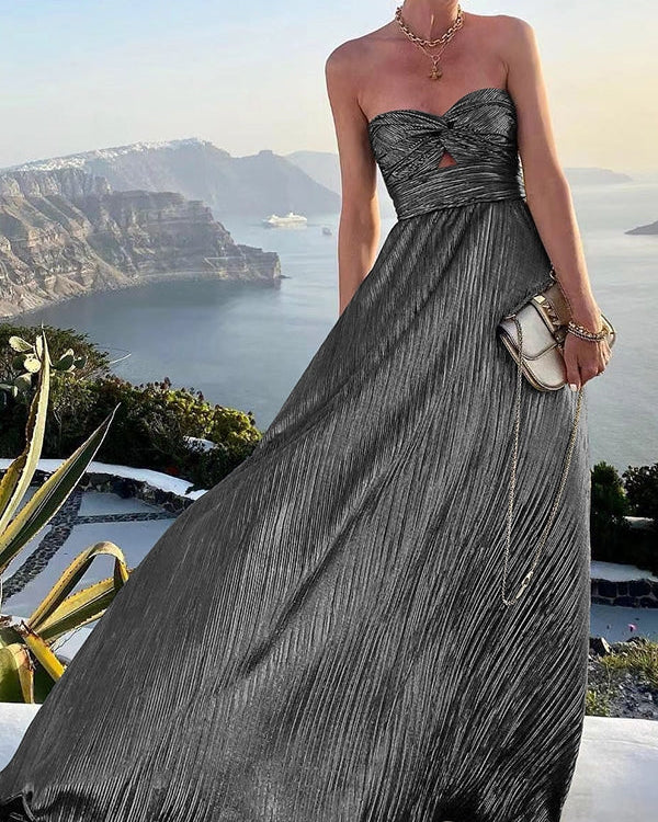 Celeste Women’s Strapless A-Line Evening Gown with Elegant Pleated Metallic Finish