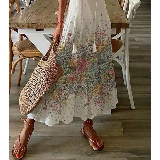Women's Elegant Casual Long Dress with V-Neck Print