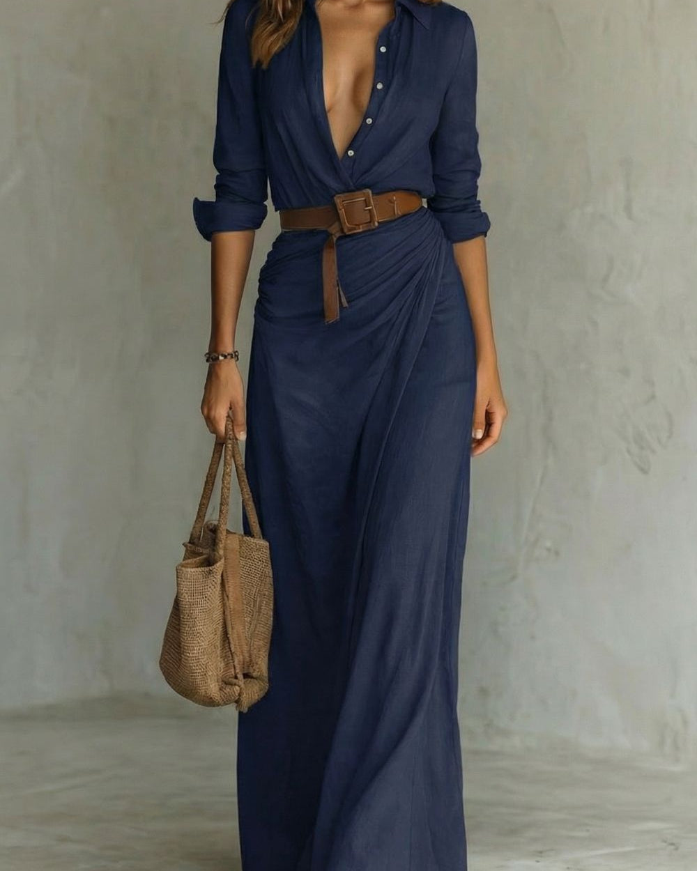 Azura Belted Button-Down Wrap Maxi Dress