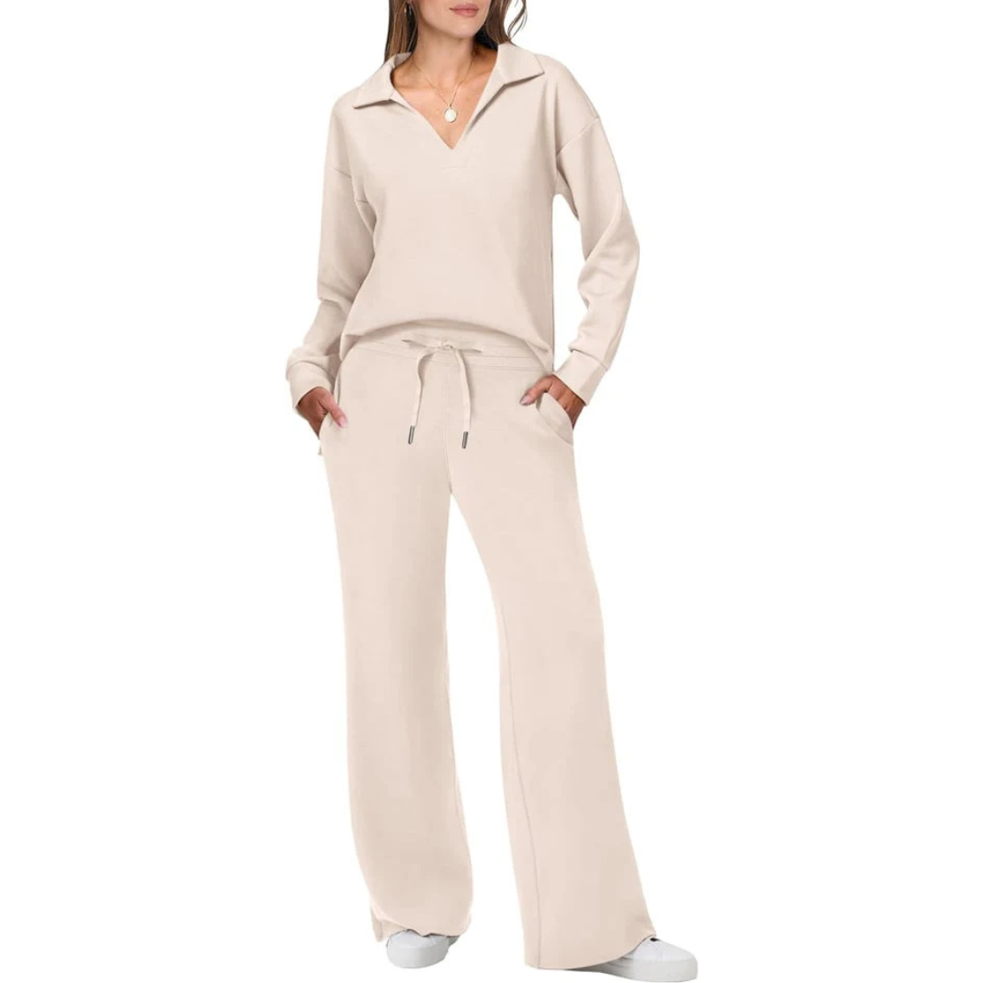 Chic Women's V-Neck Two-Piece Set with Relaxed-Fit Pants | Modern