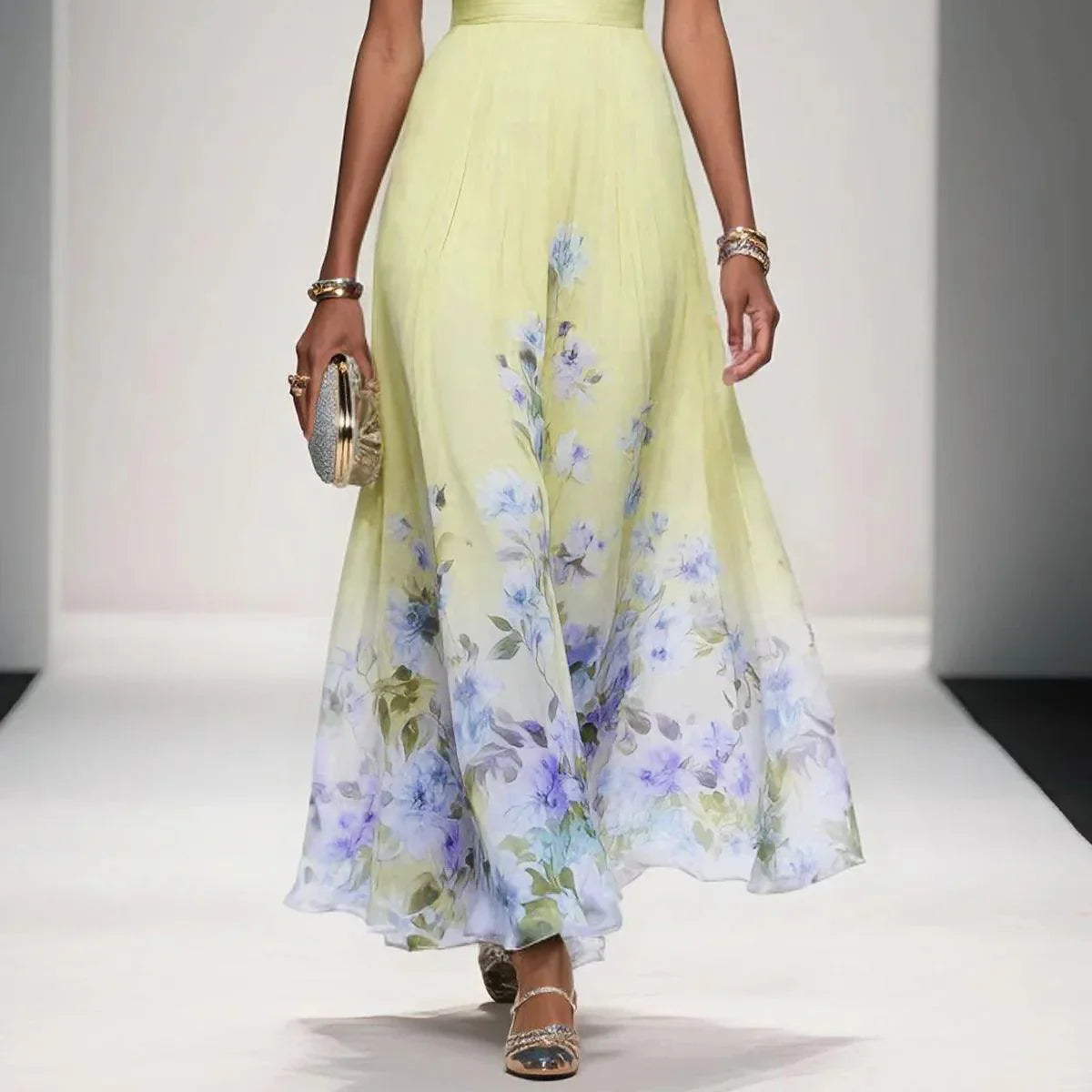 Elegant Light Blue Floral Chiffon V-Neck Sleeveless A-Line Maxi Dress