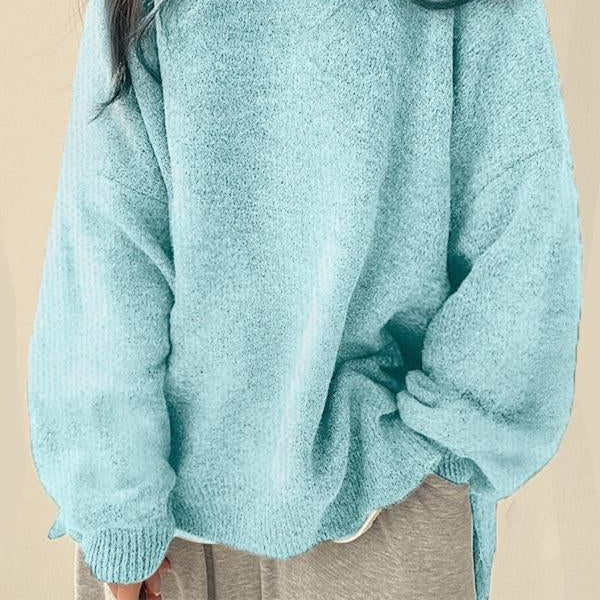 Women's Cozy Drop-Shoulder Split-Hem Round-Neck Knit Sweater