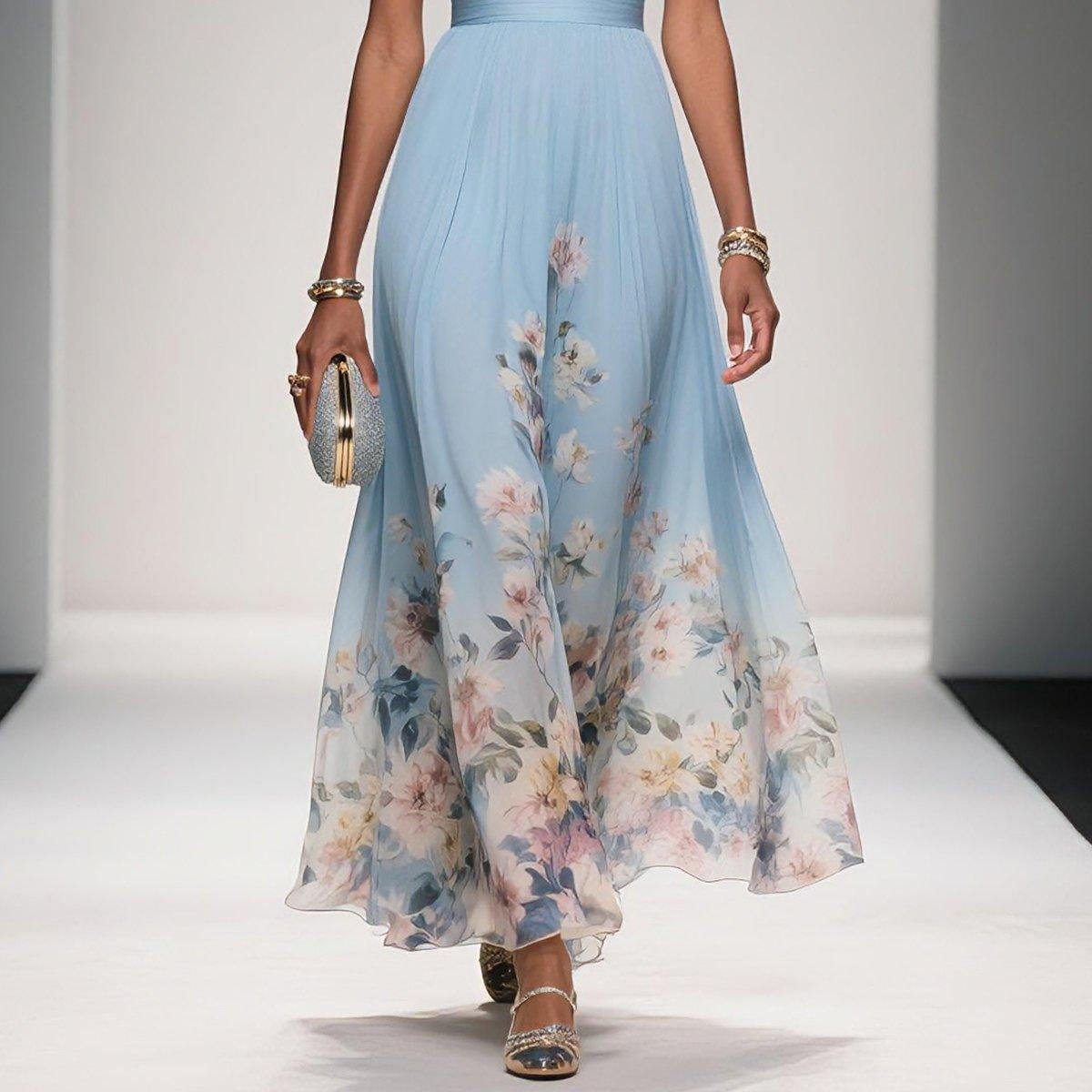 Women's Elegant Light Blue Floral Chiffon V-Neck Sleeveless A-Line