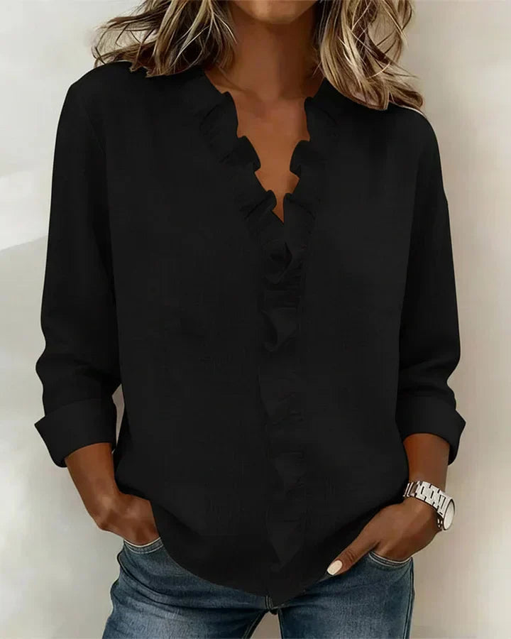Charlotte: Elegant Ruffle Blouse with V-Neck and Long Sleeves