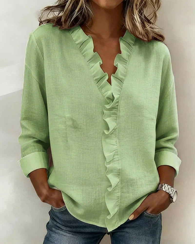 Charlotte: Elegant Ruffle Blouse with V-Neck and Long Sleeves