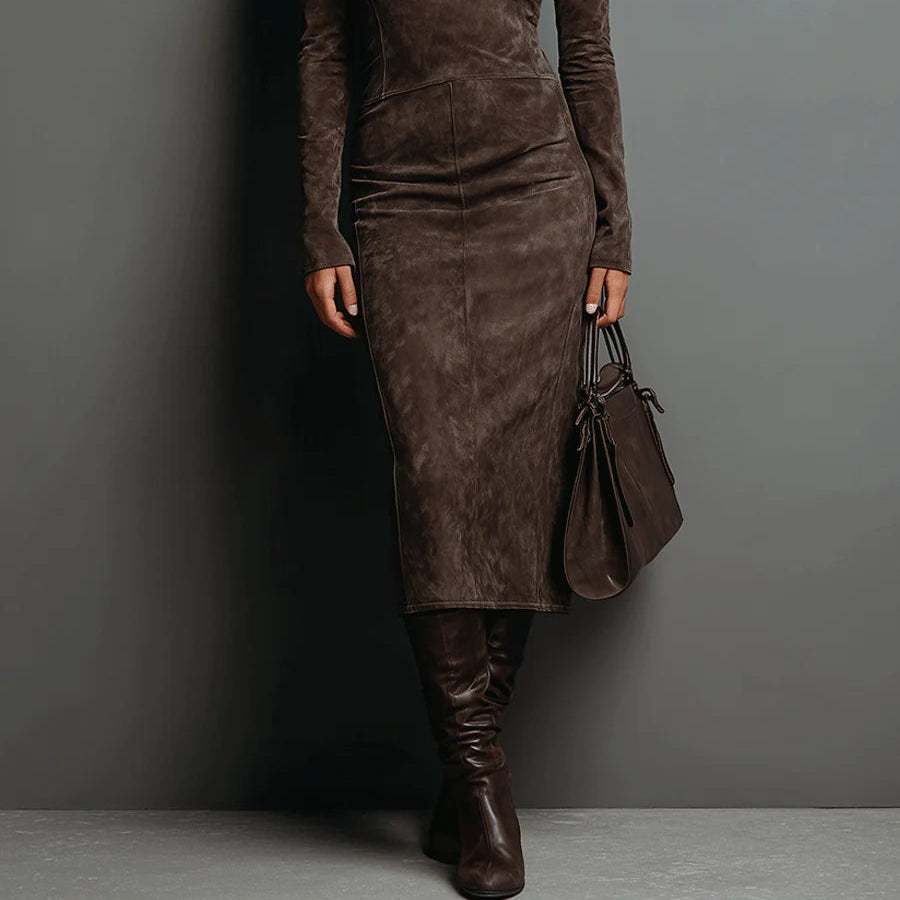 Women's Elegant High-Collar Long-Sleeve Midi Dress made of Suede