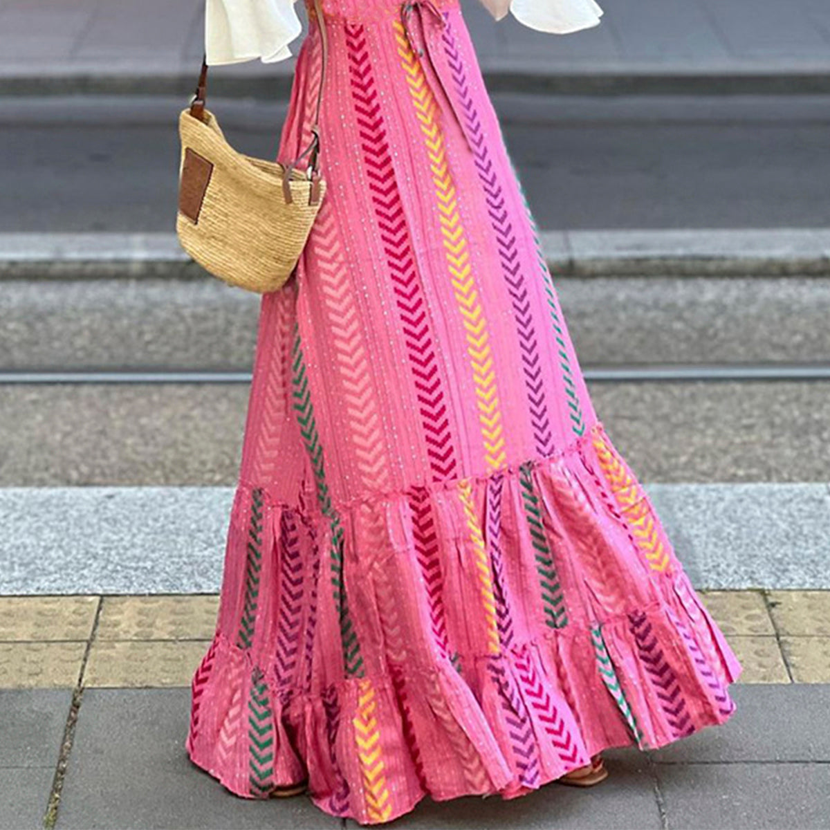 Boho-Chic Printed Drawstring Ruffle Skirt