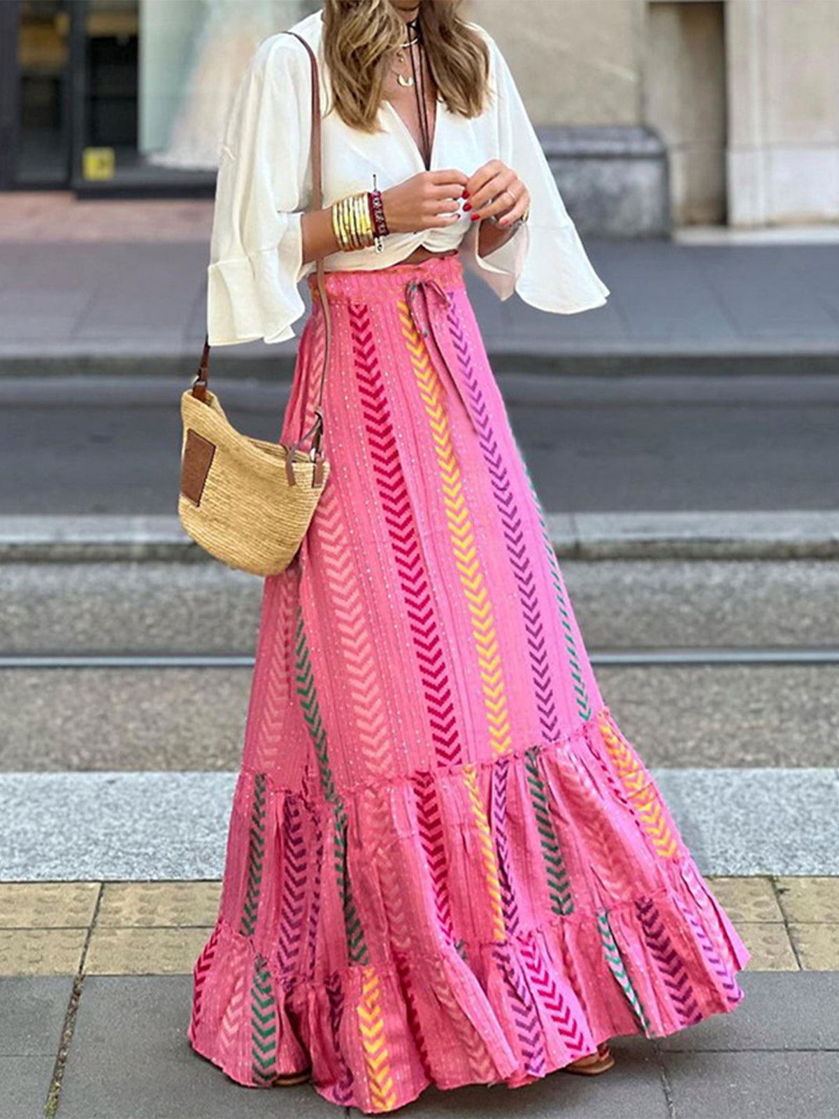 Boho-Chic Printed Drawstring Ruffle Skirt