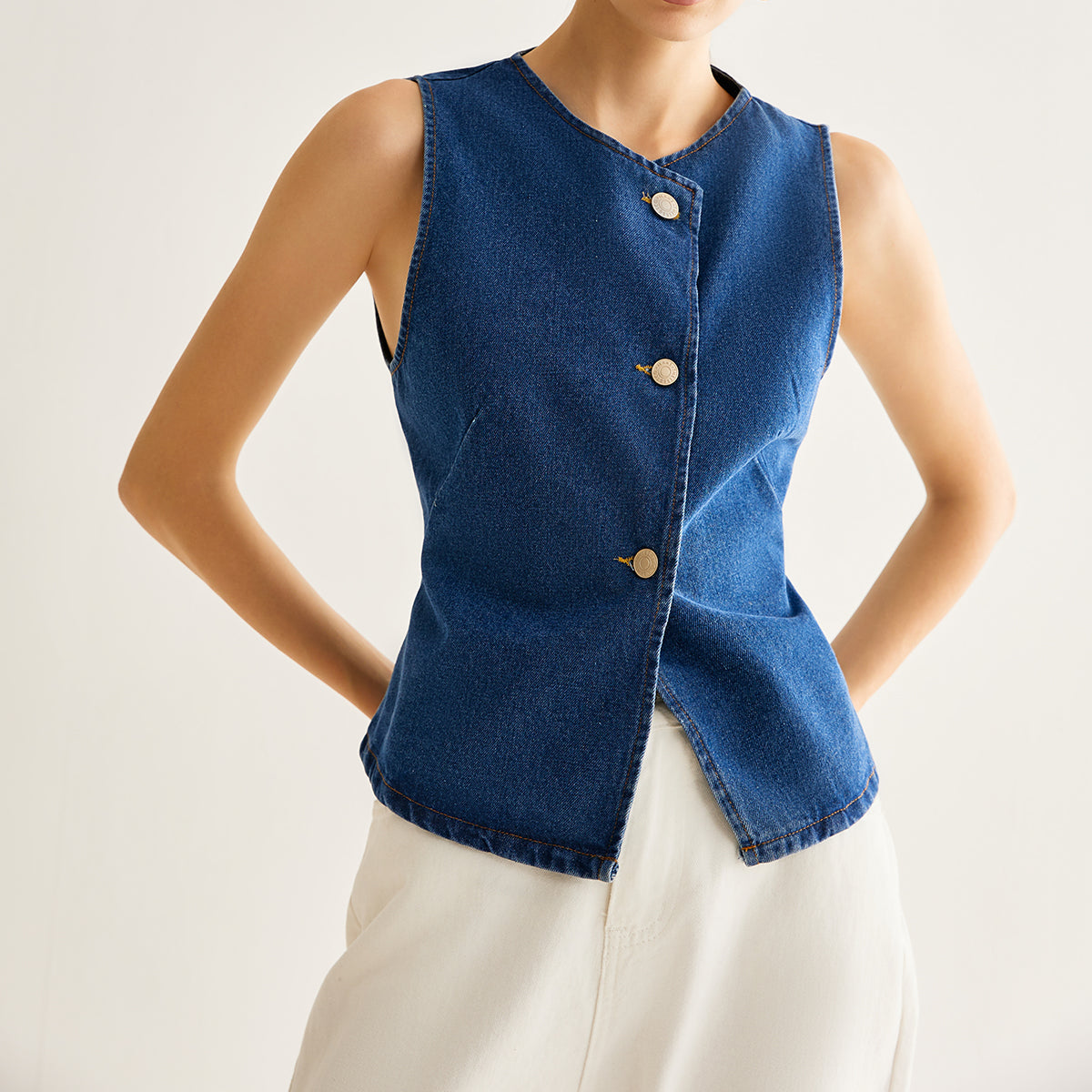Elara Asymmetrical Button-Front Denim Vest - Modern Chic Statement Piece